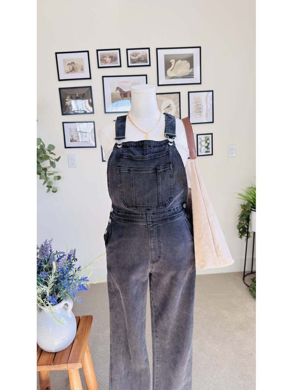 BP Washed Black Raw Hem Wide Leg Denim Overalls - Size M